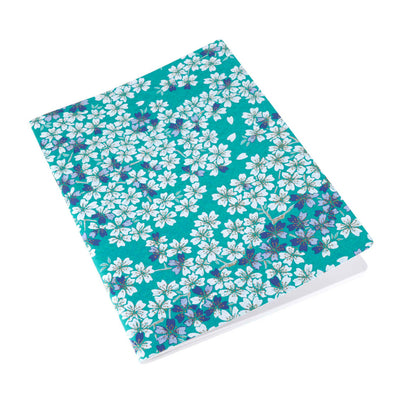 carnet de note tapissé de papier japonais au motif de fleurs de cerisier bleu turquoise- mauve et violet M625 adeline klam