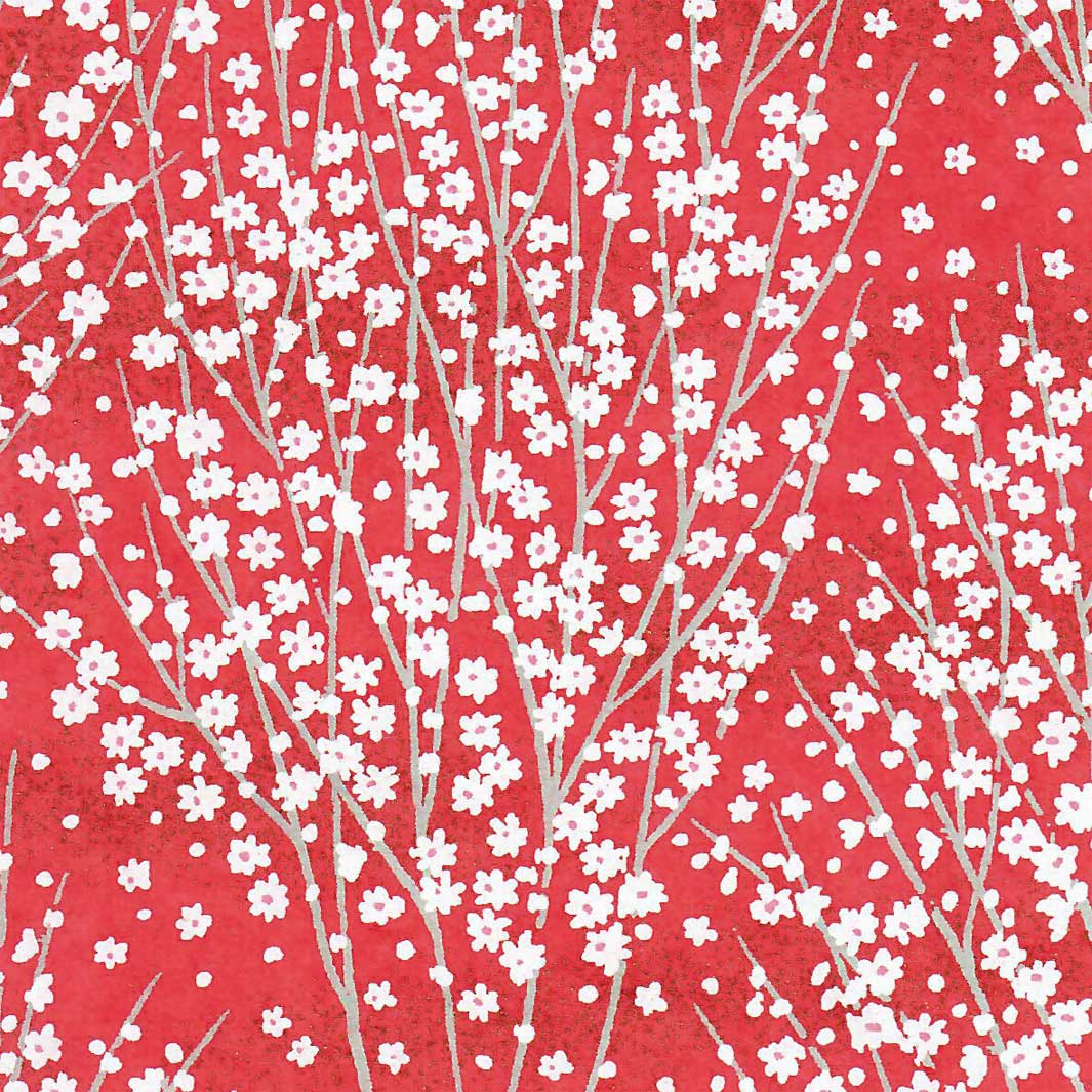 carré de 10cm par 10cm de papier japonais yuzen chiyogami aux motifs de champs de fleurs dans les tons rouges adeline klam (M813)