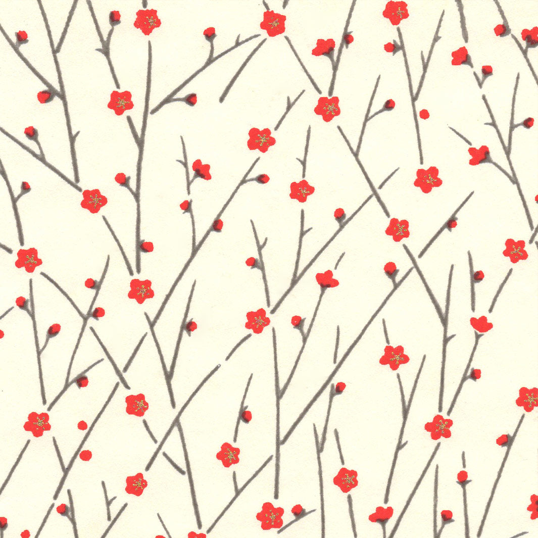 carré de 10cm par 10cm de papier japonais yuzen chiyogami aux motifs de fines branches en fleurs dans les tons crème, rouges et gris foncé adeline klam (M672)