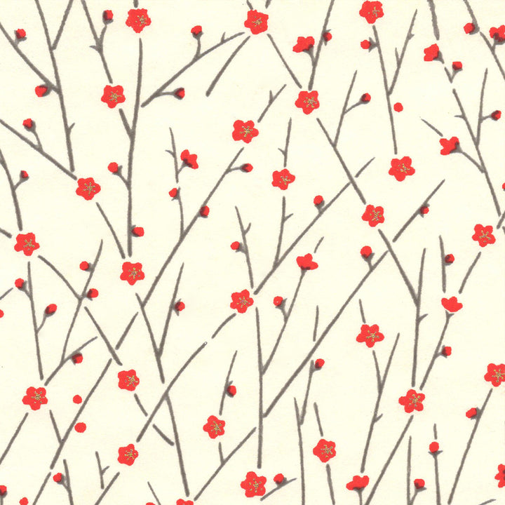 carré de 10cm par 10cm de papier japonais yuzen chiyogami aux motifs de fines branches en fleurs dans les tons crème, rouges et gris foncé adeline klam (M672)
