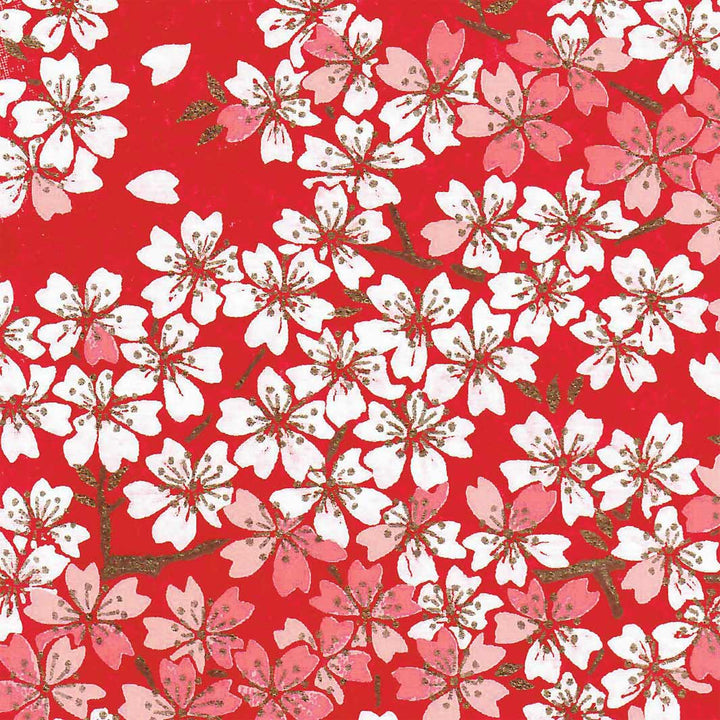 carré de 10cm par 10cm de papier japonais yuzen chiyogami aux motifs de fleurs de cerisier dans les tons rouges, roses et blancs adeline klam (M623)
