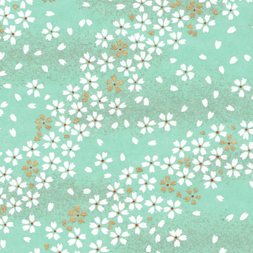 carré de 10cm par 10cm de papier japonais yuzen chiyogami aux motifs de fleurs au vent vert d'eau (M515) adeline klam