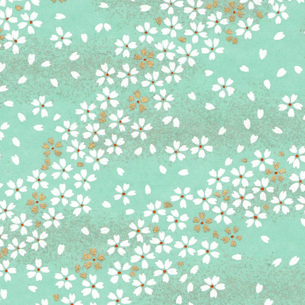 carré de 10cm par 10cm de papier japonais yuzen chiyogami aux motifs de fleurs au vent vert d'eau (M515) adeline klam