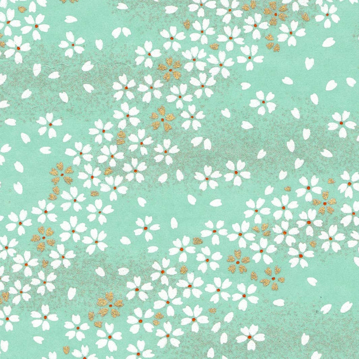 carré de 10cm par 10cm de papier japonais yuzen chiyogami aux motifs de fleurs au vent vert d'eau (M515) adeline klam