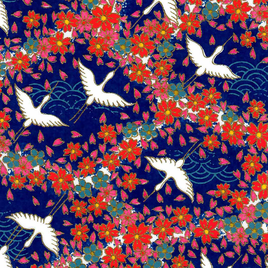 carré de 10cm par 10cm de papier japonais yuzen chiyogami aux motifs de grues, de fleurs et de vagues dans les bleu foncé et turquoise, rouges, roses et blancs (M876) adeline klam
