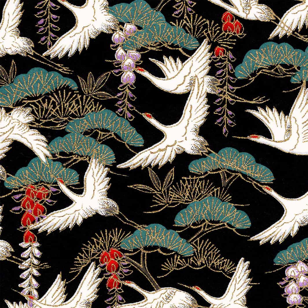 carré de 10cm par 10cm de papier japonais yuzen chiyogami aux motifs de grues et de forêts dans les tons noirs, blancs, rouges, mauve et vert sapin adeline klam (M1026)