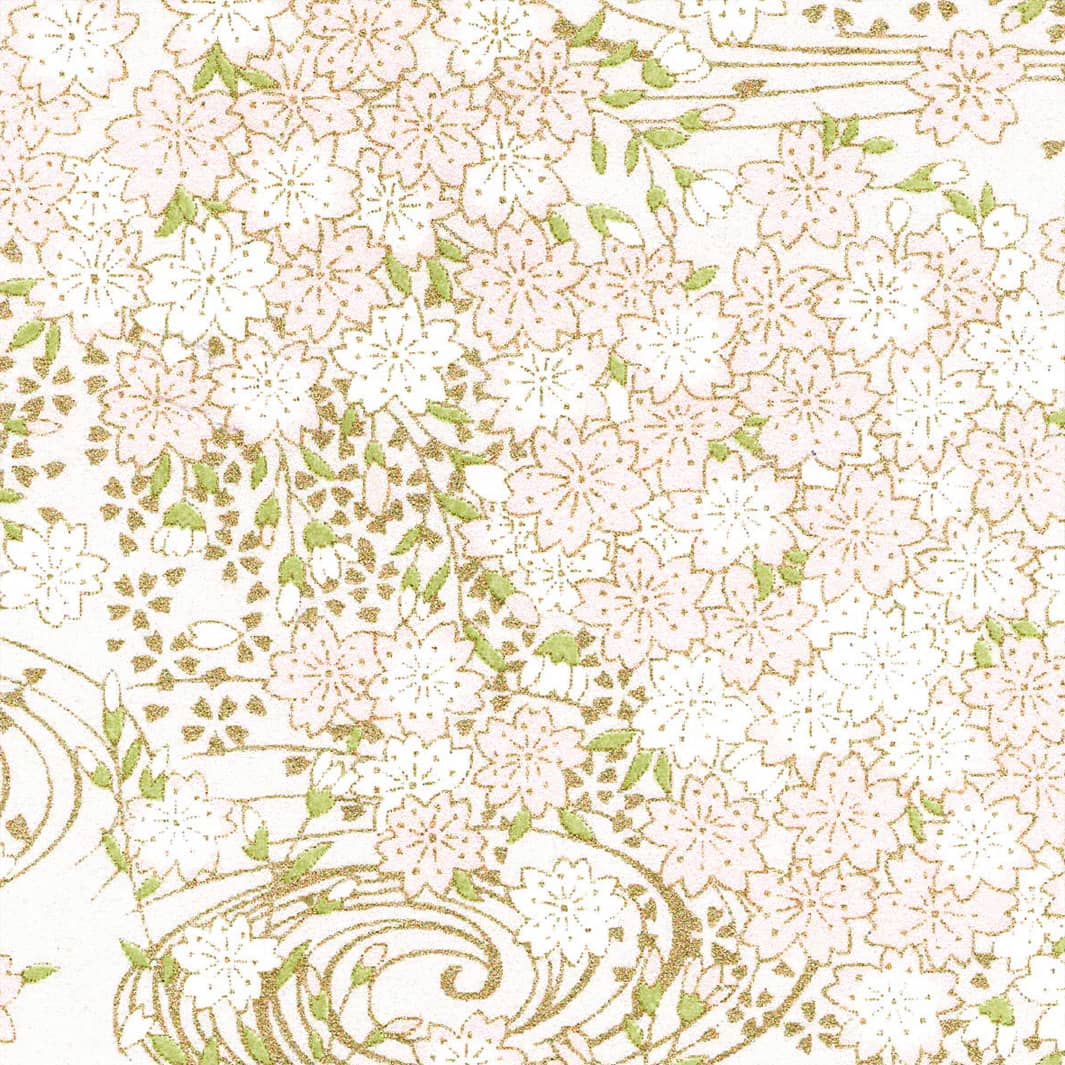 carré de 10cm par 10cm de papier japonais yuzen chiyogami aux motifs de nuée de fleurs de cerisier dans les tons blanc nacré, rose pâle, vert tilleul et dorés adeline klam (M1025)