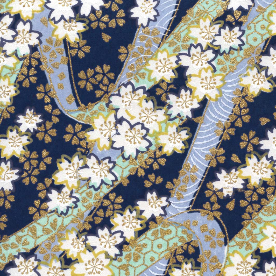 carré de 10cm par 10cm de papier japonais yuzen chiyogami aux motifs d'ondulations fleuries dans les tons bleu marine, bleu mauve, vert d'eau, jaune moutarde et dorés adeline klam (M999)
