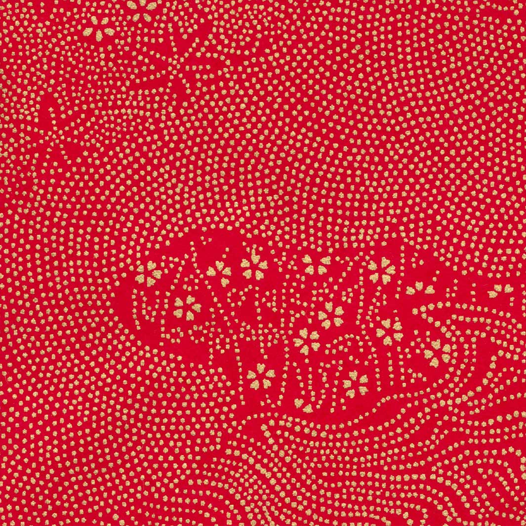 carré de 10cm par 10cm de papier japonais yuzen chiyogami aux motifs de paysage en pointillés dans les tons rouges et dorés adeline klam (M990)