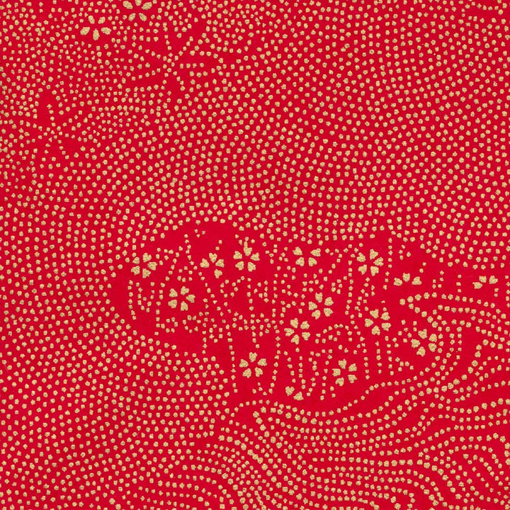carré de 10cm par 10cm de papier japonais yuzen chiyogami aux motifs de paysage en pointillés dans les tons rouges et dorés adeline klam (M990)