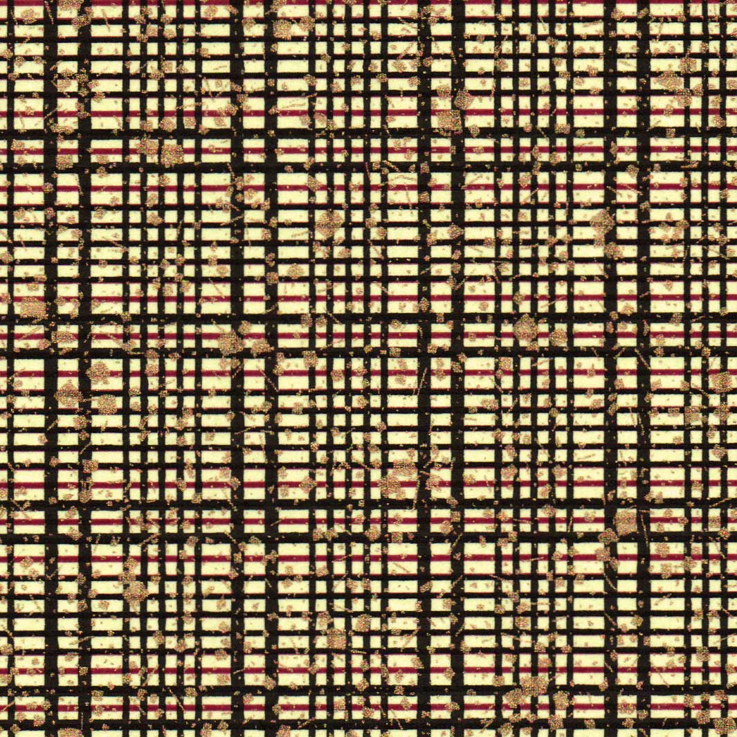 carré de 10cm par 10cm de papier japonais yuzen chiyogami aux motifs de quadrillage et de paillettes dans les tons noirs, vert amande, rouge bordeaux et dorés adeline klam (M1022)