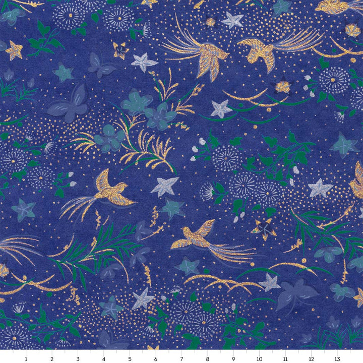 carré de 14cm par 14cm de papier japonais yuzen chiyogami aux motifs de fleurs, d'oiseaux et de papillons bleu foncé, verts, mauve, argentés et dorés adeline klam de 14cm par 14cm (M992)