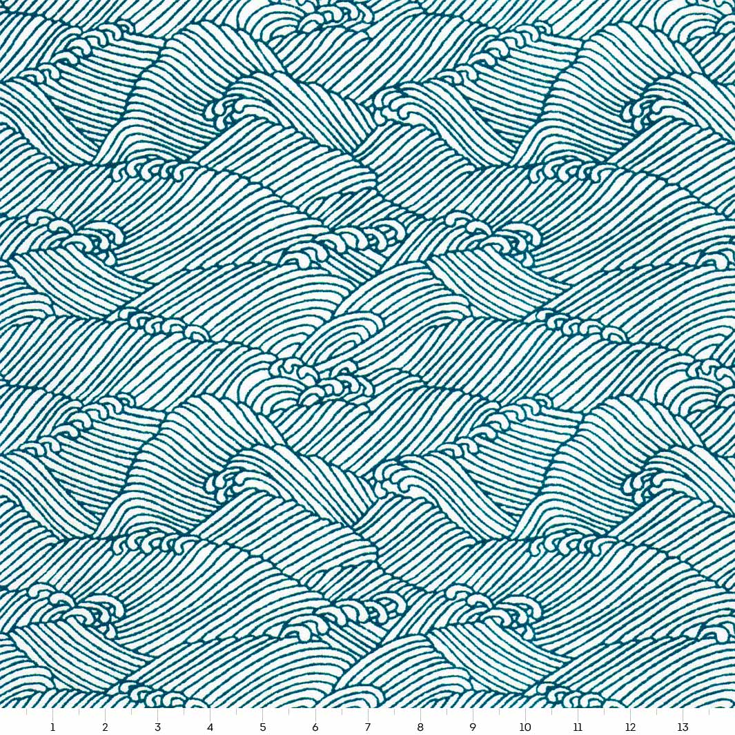 carré de 14cm par 14cm de papier japonais yuzen chiyogami aux motifs de vagues houleuses « océan » dans les tons bleu canard et blanc adeline klam (M855)