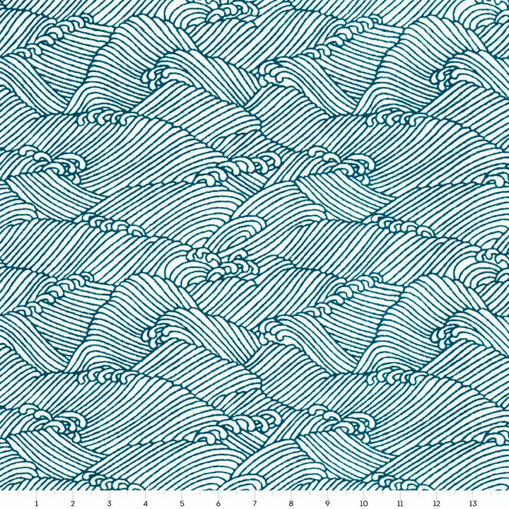 carré de 14cm par 14cm de papier japonais yuzen chiyogami aux motifs de vagues houleuses « océan » dans les tons bleu canard et blanc adeline klam (M855)