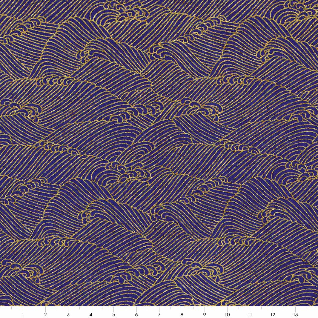 carré de 14cm par 14cm de papier japonais yuzen chiyogami aux motifs de vagues houleuses « océan » dans les bleu nuit et dorés adeline klam (M647)