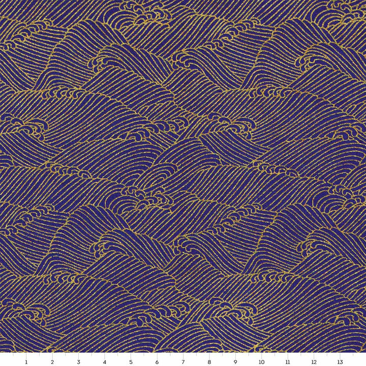carré de 14cm par 14cm de papier japonais yuzen chiyogami aux motifs de vagues houleuses « océan » dans les bleu nuit et dorés adeline klam (M647)