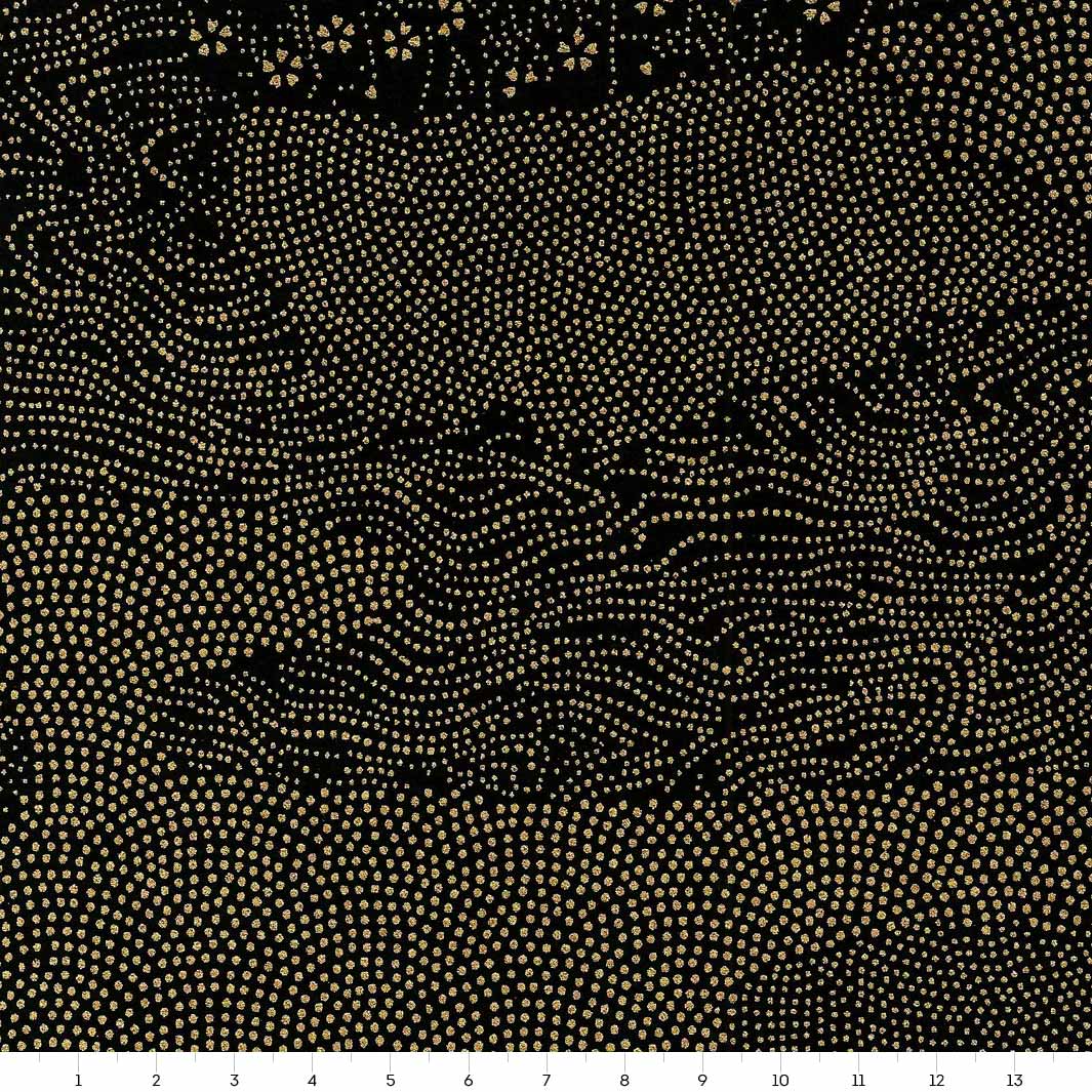 carré de 14cm par 14cm de papier japonais yuzen chiyogami aux motifs de paysage en pointillés dans les tons noirs et dorés adeline klam (M443)