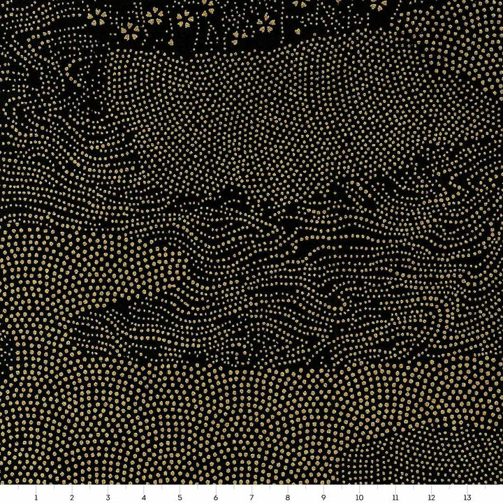 carré de 14cm par 14cm de papier japonais yuzen chiyogami aux motifs de paysage en pointillés dans les tons noirs et dorés adeline klam (M443)