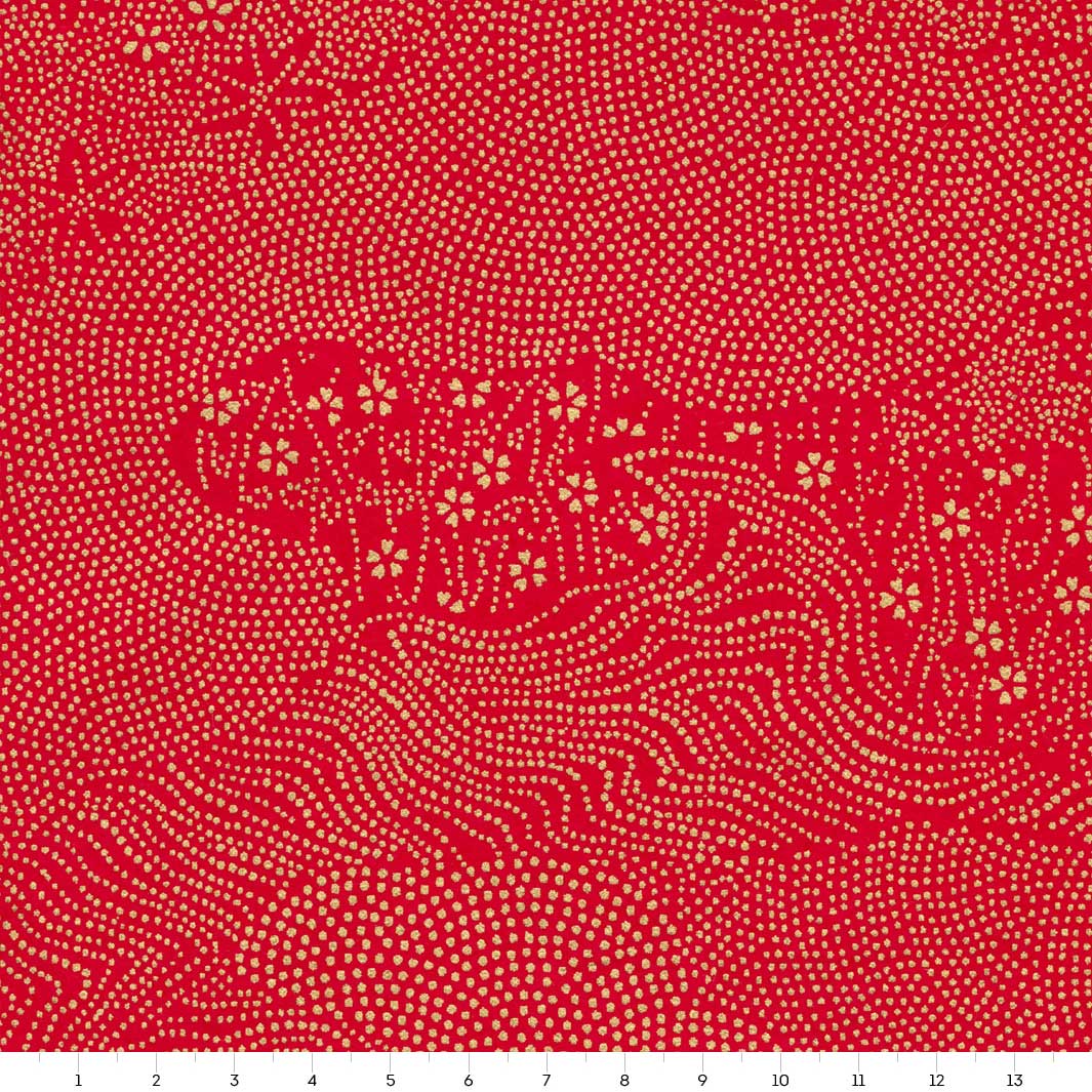 carré de 14cm par 14cm de papier japonais yuzen chiyogami aux motifs de paysage en pointillés dans les tons rouges et dorés adeline klam (M99,)