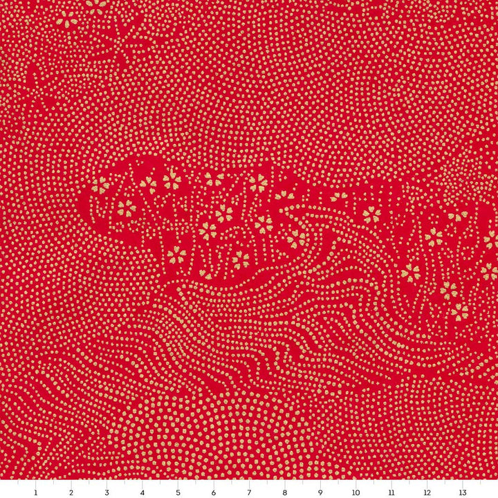carré de 14cm par 14cm de papier japonais yuzen chiyogami aux motifs de paysage en pointillés dans les tons rouges et dorés adeline klam (M99,)