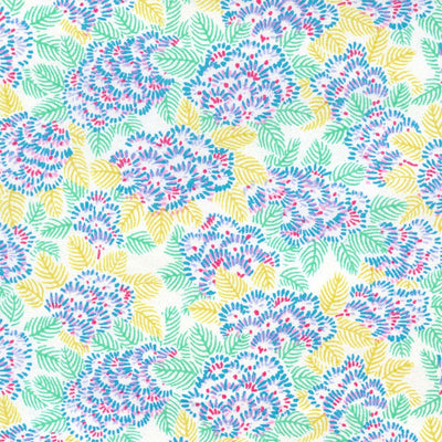 papier japonais yuzen chiyogami aux motifs de chrysanthemes ajania bleues, roses, vertes et jaunes adeline klam de 10cm par 10cm (M994)
