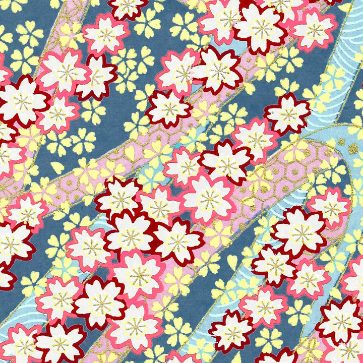 Lampe Japonaise à Poser - Ondulations Fleuries - Rose, Bleu, Mauve, Jaune et Or - M390