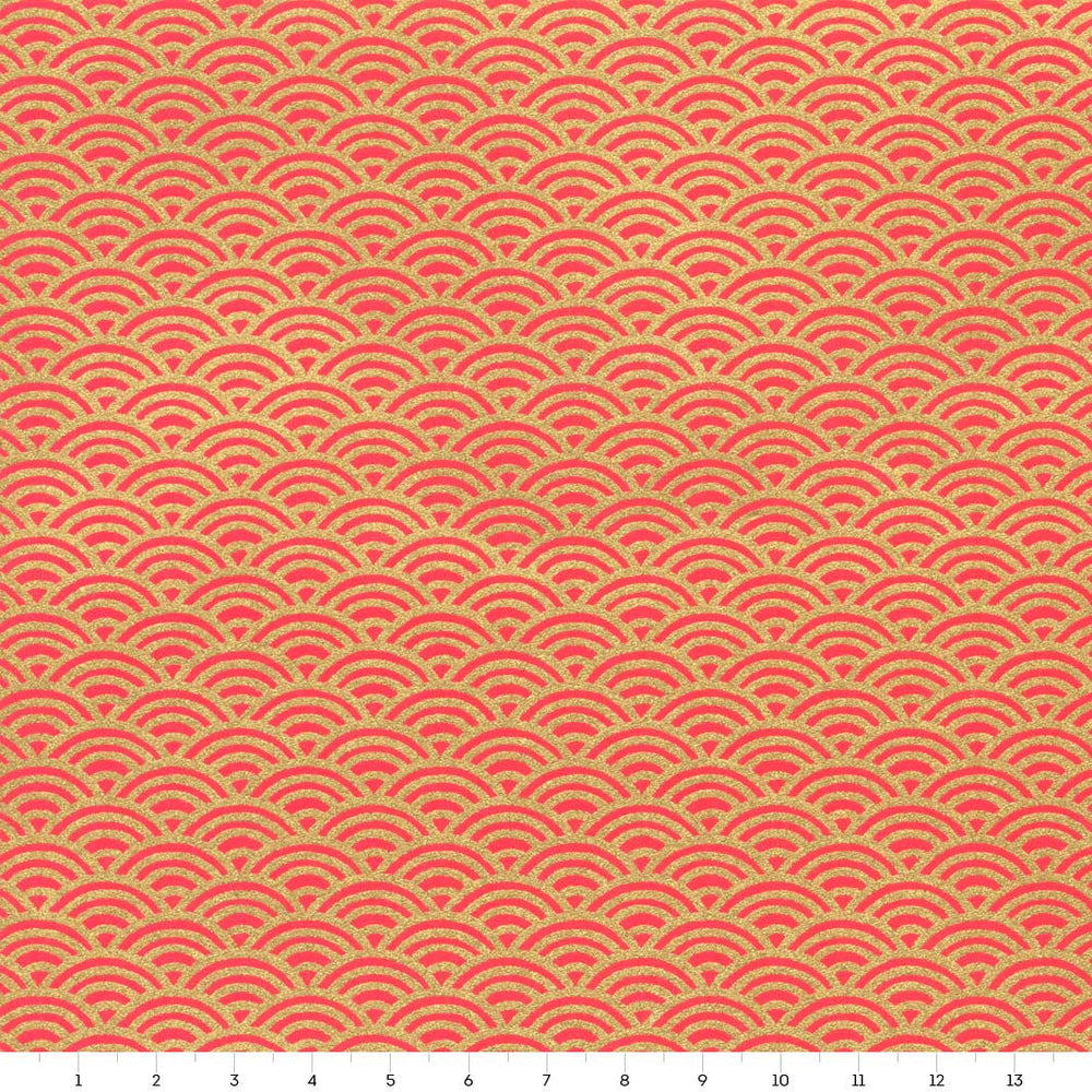 papier japonais yuzen chiyogami aux motifs de vagues inversées dorées sur fond rouge orangé adeline klam de 14cm par 14cm (M1007)