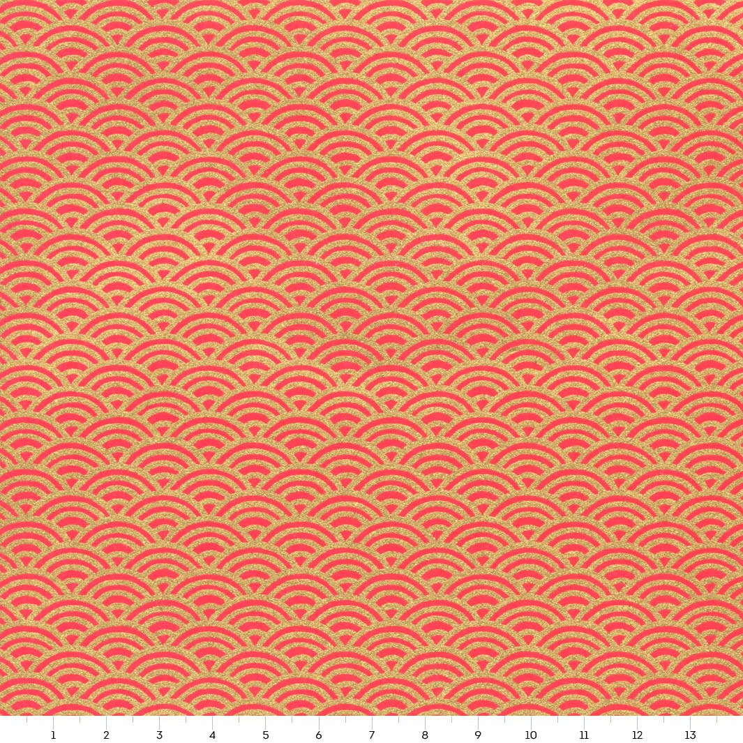 papier japonais yuzen chiyogami aux motifs de vagues inversées dorées sur fond rouge orangé adeline klam de 14cm par 14cm (M1007)