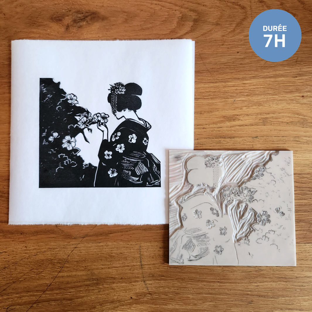 photo d'ambiance d'une linogravure de geisha de l'atelier/stage de linogravure japonaise avec Japanese Linocut