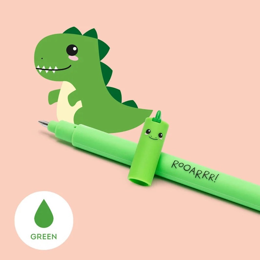 photo d'ambiance du stylo gel effaçable en forme de dinosaure vert à l'encre verte et à la pointe 0,7mm legami