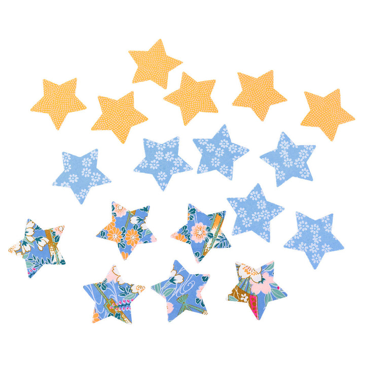 photo packshot du lot de 18 stickers étoile en papier japonais adeline klam dans les tons bleu pervenche et jaune safran « comète »