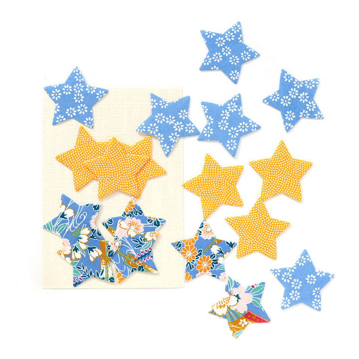 photo packshot du lot de 18 stickers étoile en papier japonais adeline klam dans les tons bleu pervenche et jaune safran « comète »