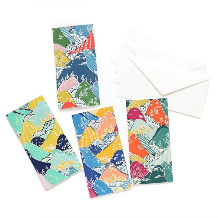 photo packshot du choix des cartes doubles allongées tapissées de papier japonais aux motifs de montagnes et de rivières M967, M969, M966 et M965 adeline klam