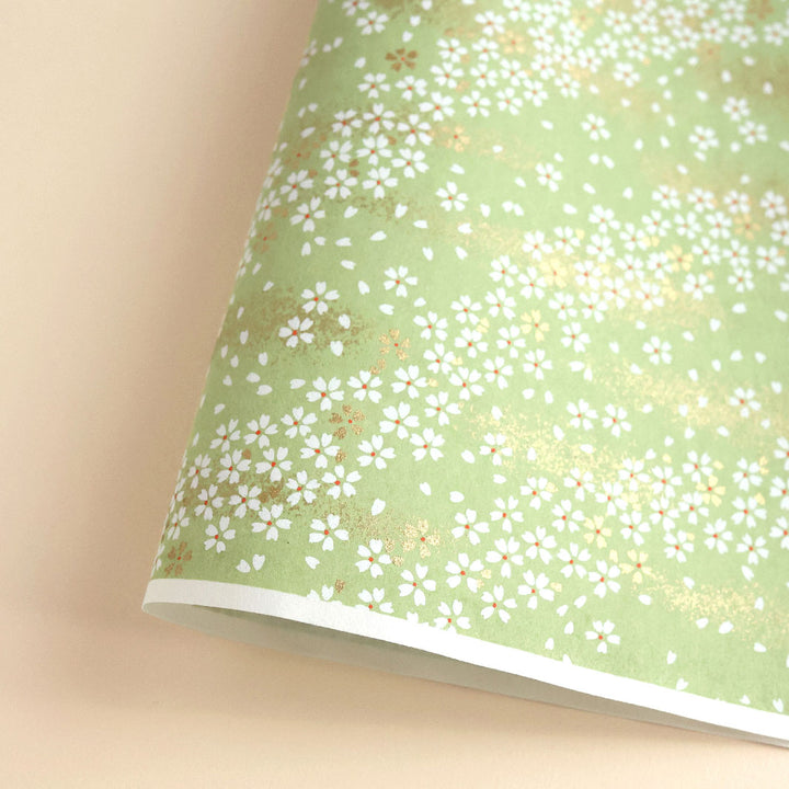 photo packshot d'une courbe de papier japonais yuzen chiyogami aux motifs de fleurs au vent dans les tons vert amande (M984)