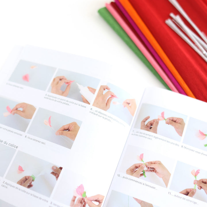 photo packshot du livret explicatif du kit bouquet pois de senteur dans les tons rouge carmin,, prune, roses, orange et vert moyen « passion » adeline klam