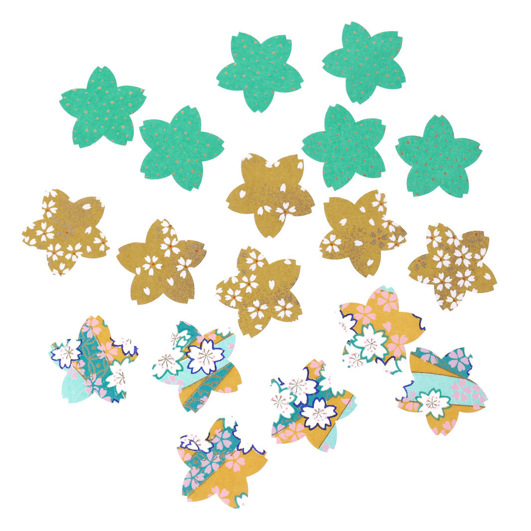 photo packshot du lot de 18 stickers sakura en papier japonais adeline klam dans les tons jaune moutarde, vert menthe et bleu turquoise « vahiné »