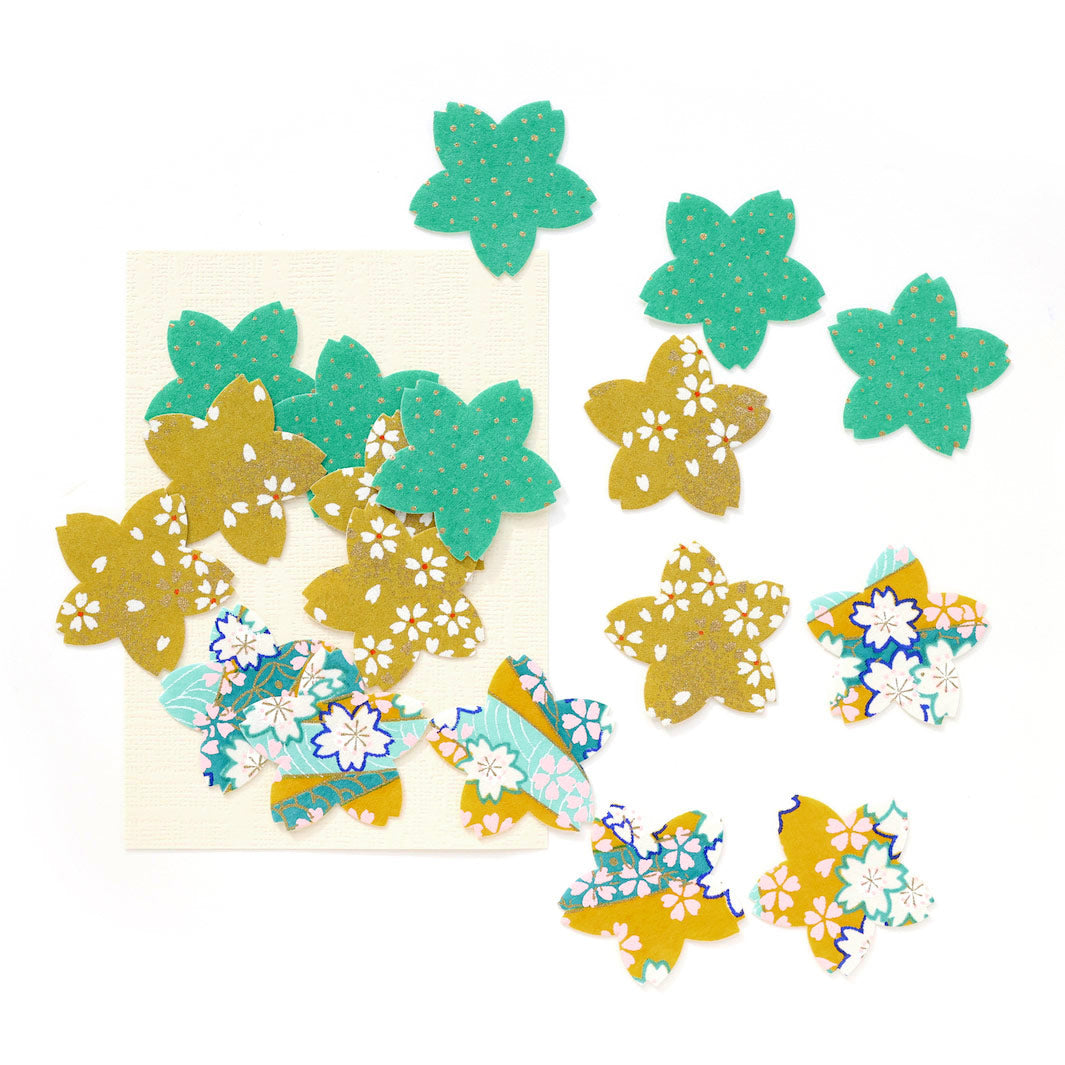 photo packshot du lot de 18 stickers sakura en papier japonais adeline klam dans les tons jaune moutarde, vert menthe et bleu turquoise « vahiné »