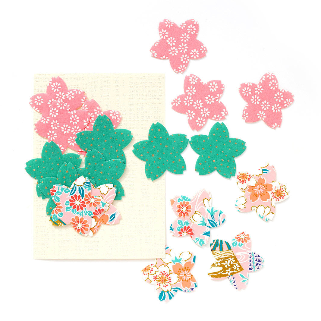 photo packshot du lot de 18 stickers sakura en papier japonais adeline klam dans les tons rose clair et moyen et vert menthe « floraison »