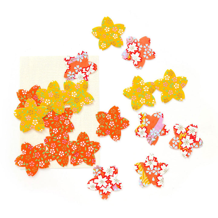 photo packshot du lot de 18 stickers sakura en papier japonais adeline klam dans les tons rouge orange, jaune moutarde et rose corail « pondichéry »
