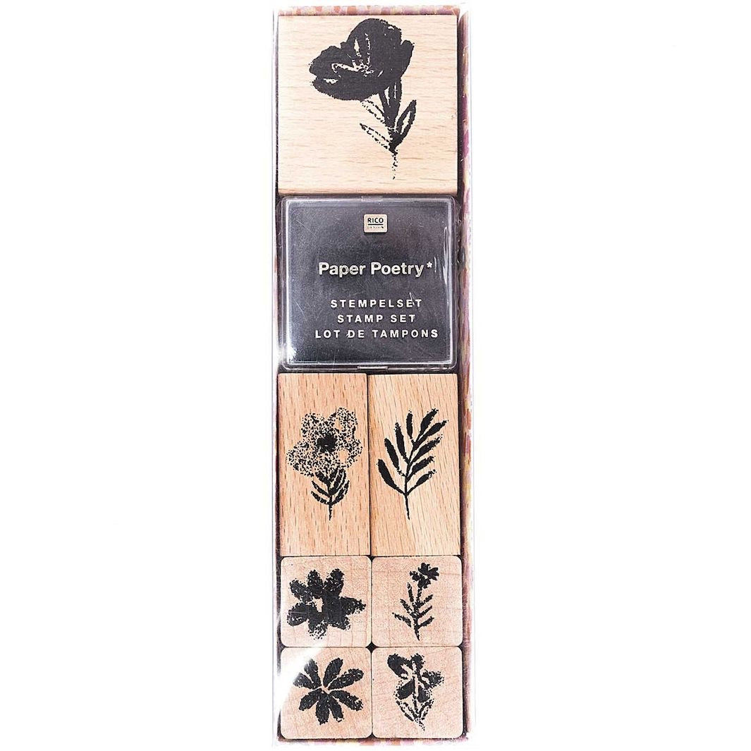 photo packshot du lot de 7 tampons aux motifs de fleurs variées dessinées aux pastels gras rico design