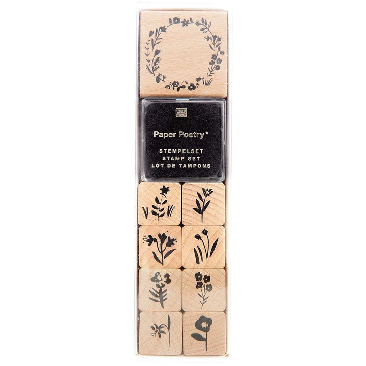 photo packshot du lot de 9 tampons aux motifs de brins de fleurs variées et de couronne fleurie rico design