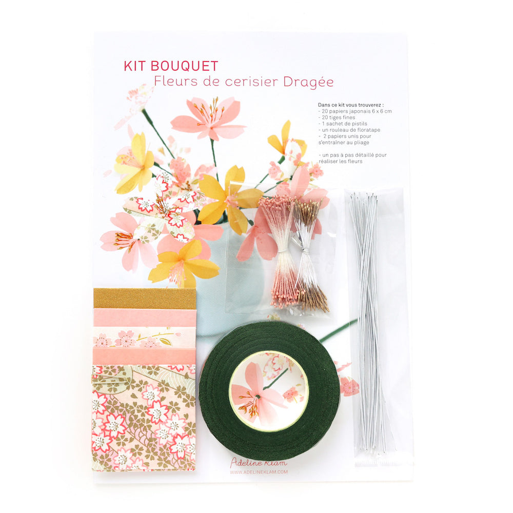 photo packshot du pakcaging du kit fleurs de cerisier rose clair, blanc cassé et or jaune « dragée » adeline klam