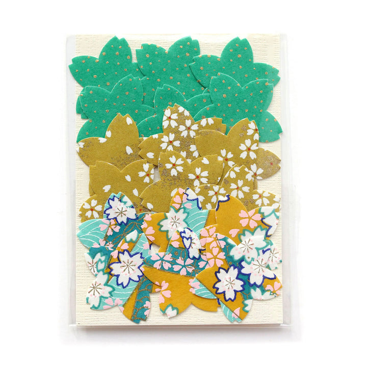 photo packshot du packaging du lot de 18 stickers sakura en papier japonais adeline klam dans les tons jaune moutarde, vert menthe et bleu turquoise « vahiné »