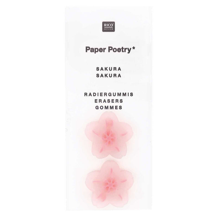 photo packshot du packaging du lot de 2 gommes en forme de fleurs de cerisier rose clair rico design