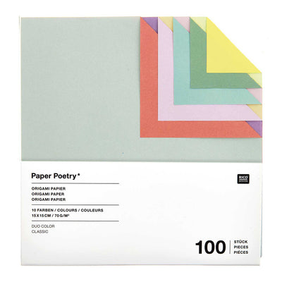 photo packshot du packaging du set de 100 papiers origami unis bicolores dans des tons classiques de 15cm par 15cm rico design