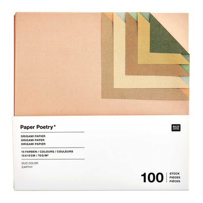 photo packshot du packaging du set de 100 papiers origami unis bicolores dans des tons naturels de 15cm par 15cm rico design