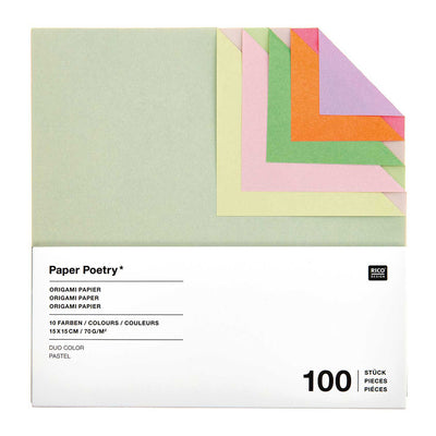 photo packshot du packaging du set de 100 papiers origami unis bicolores dans des tons pastels de 15cm par 15cm rico design