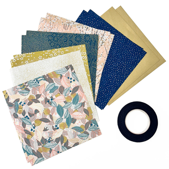 photo packshot de la sélection de papiers japonais du kit 3 branches de ginkgo dans les tons jaune moutarde, rose clair, bleu nuit et bleu canard « miyabi » adeline klam