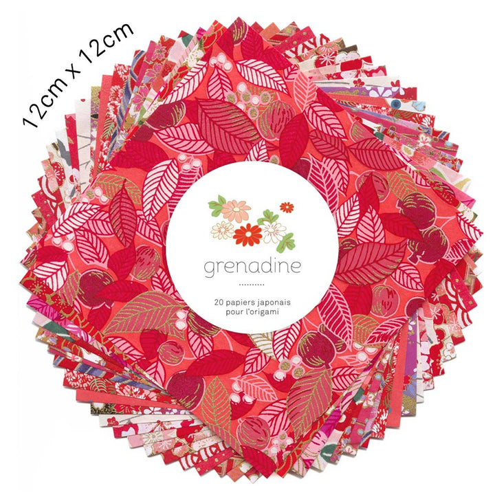 photo packshot du set de 7 carrés de papiers japonais adeline klam de 12cm par 12cm dans les tons rouges, rouge orangé et roses « grenadine »
