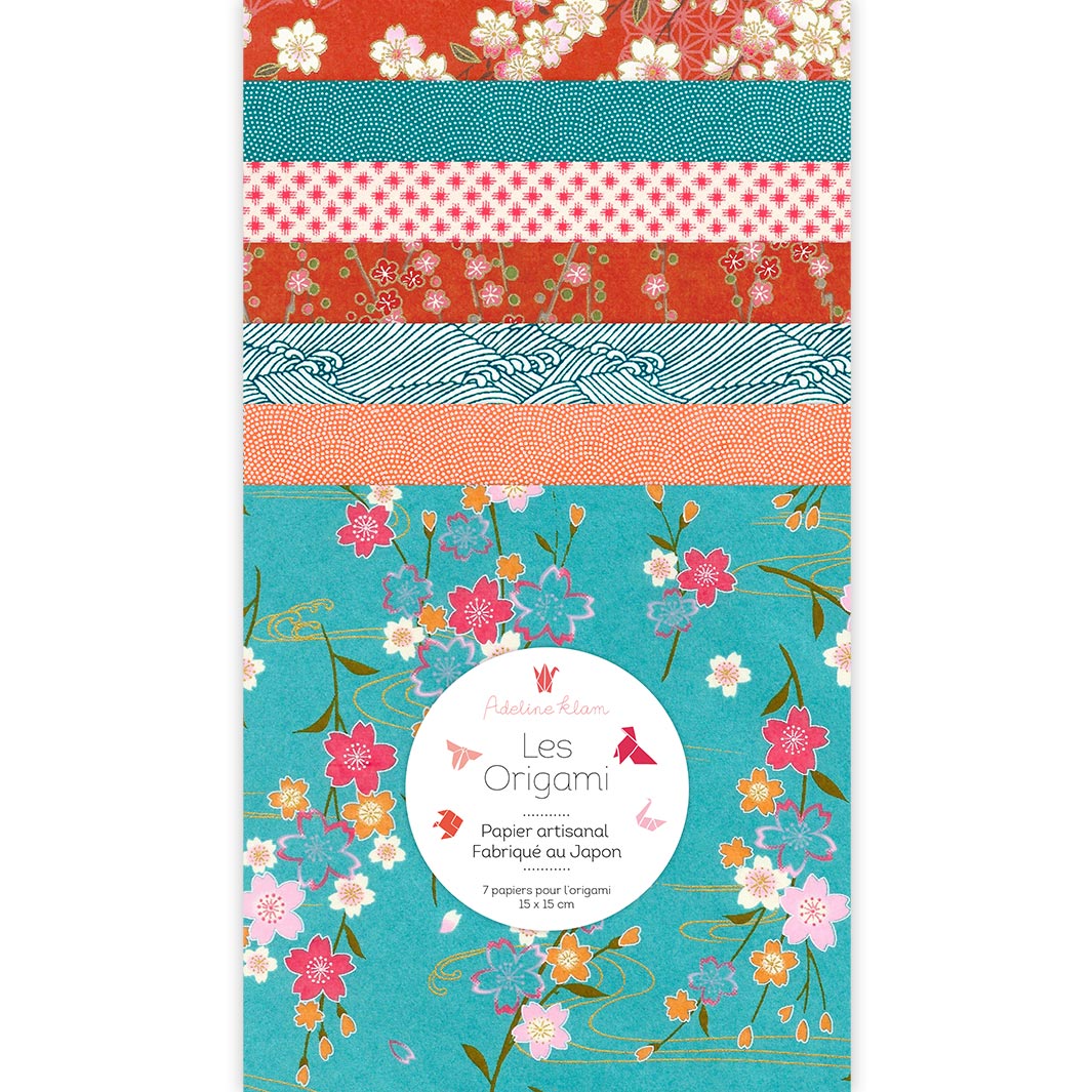 photo packshot du set de 7 carrés de papiers japonais adeline klam de 15cm par 15cm dans les tons bleu turquoise, rouge orange et roses « miyakojima » (T3)